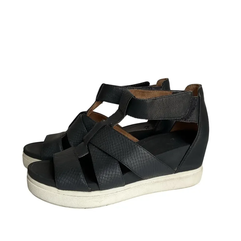 Dr Scholls Black Platform Sandals Womens 8M Comfort Wedge Strappy Summer Shoes